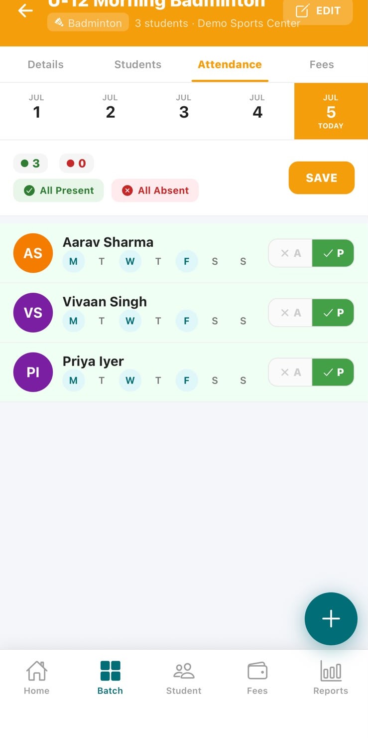 ArenaFlow attendance marking screen — batch date picker with Present/Absent toggles per student