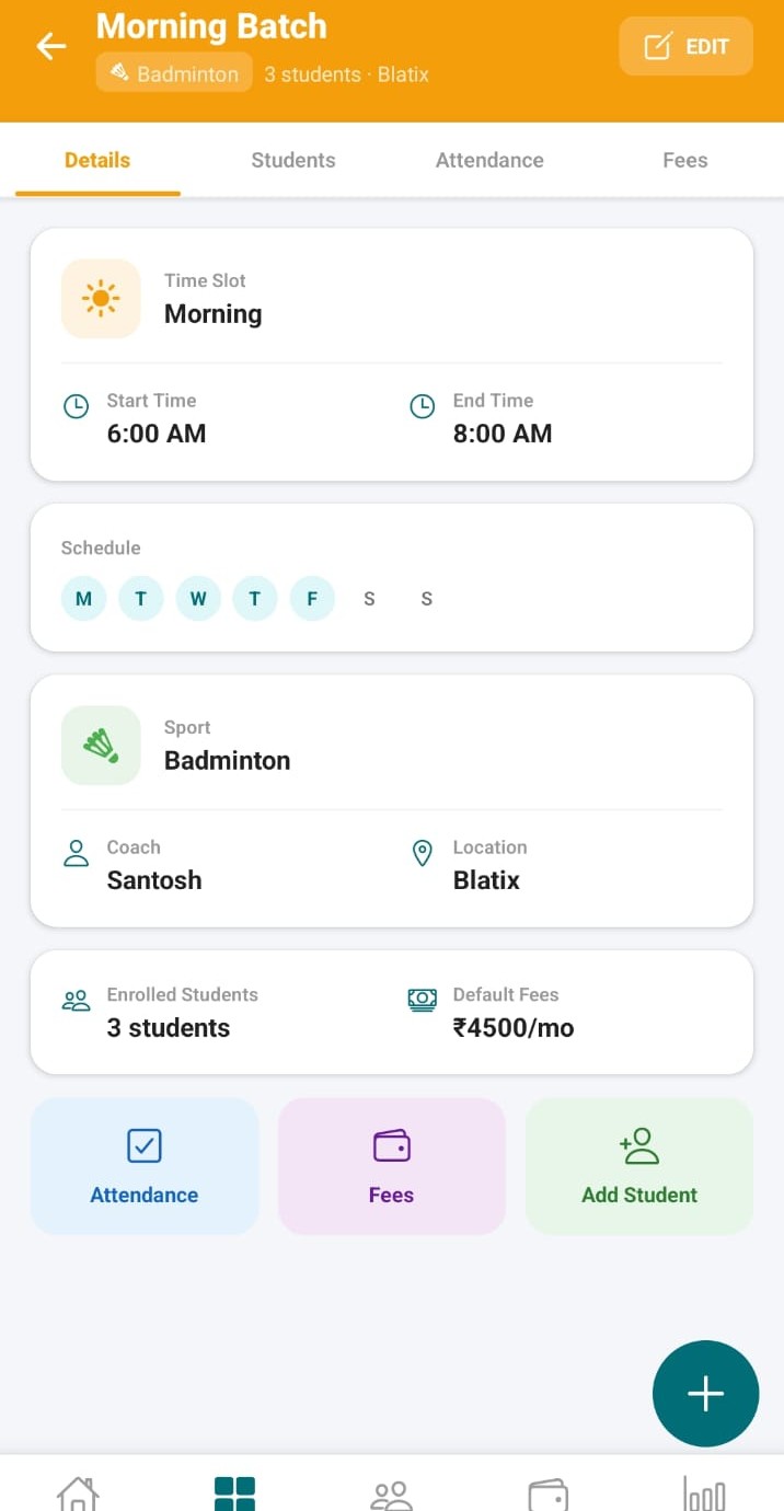 ArenaFlow batch details showing schedule, coach, location, enrolled students and default fees