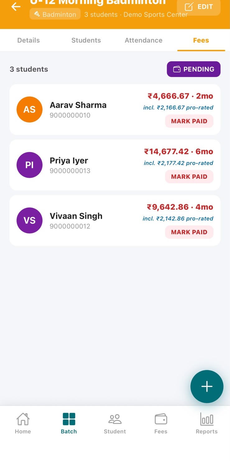 ArenaFlow batch fees view showing pending payments per student with pro-rated amounts