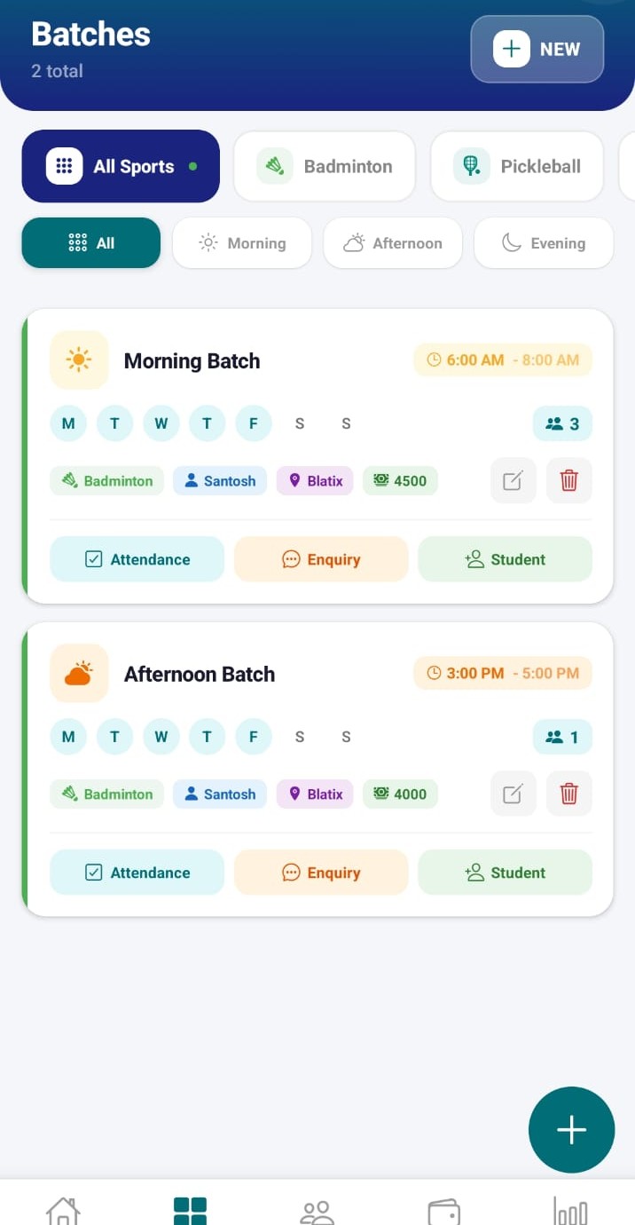 ArenaFlow batches listing showing morning and afternoon batches with schedule and fees