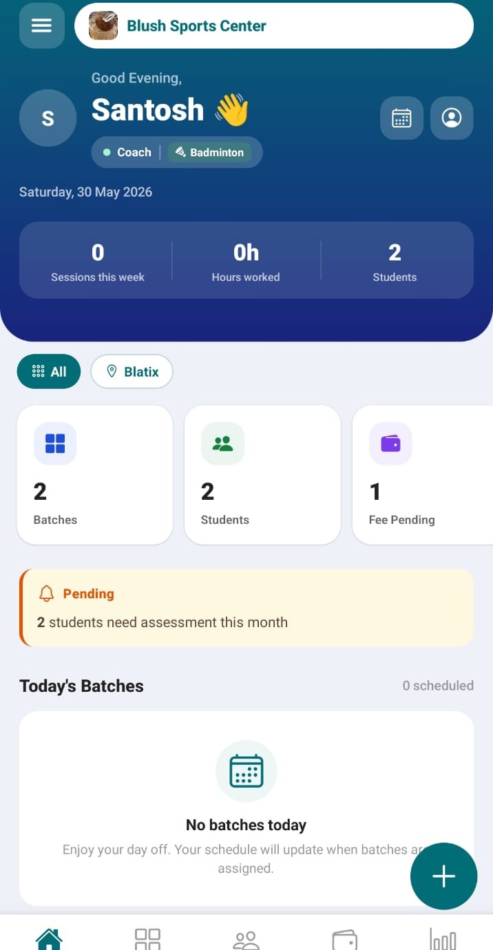 ArenaFlow coach dashboard showing sessions, hours worked, students and today's batches