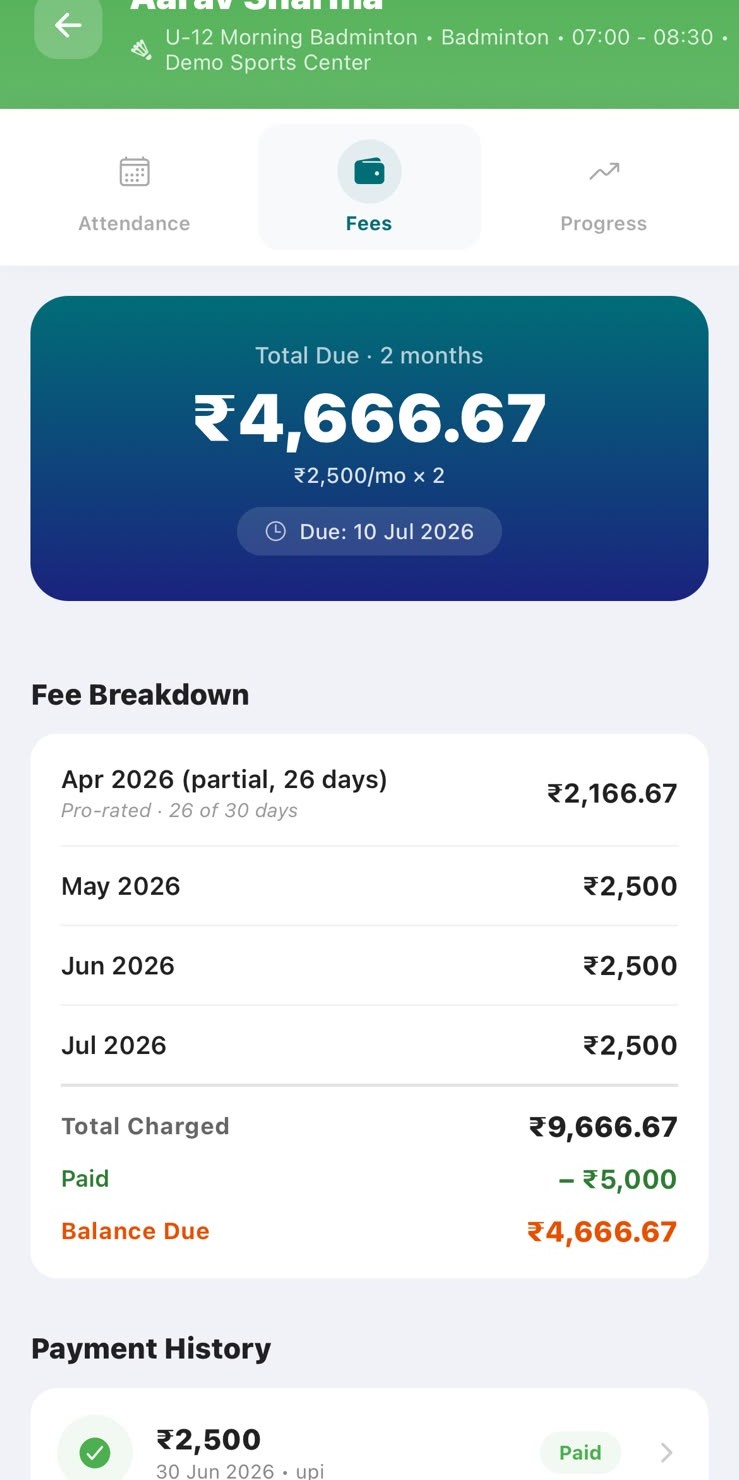 ArenaFlow student fee breakdown showing pro-rated monthly fees and payment history