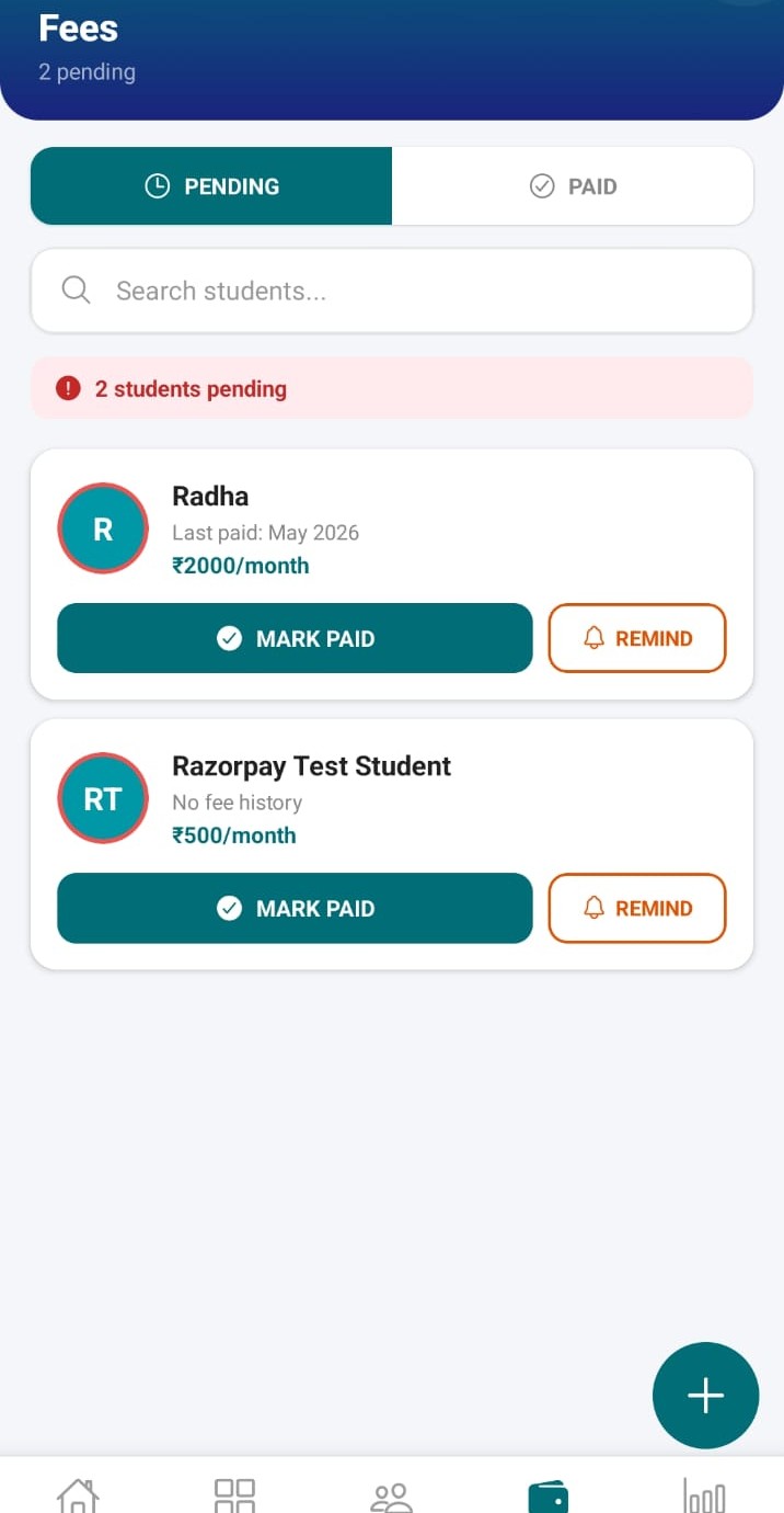 ArenaFlow fees screen showing pending payments with Mark Paid and Remind buttons
