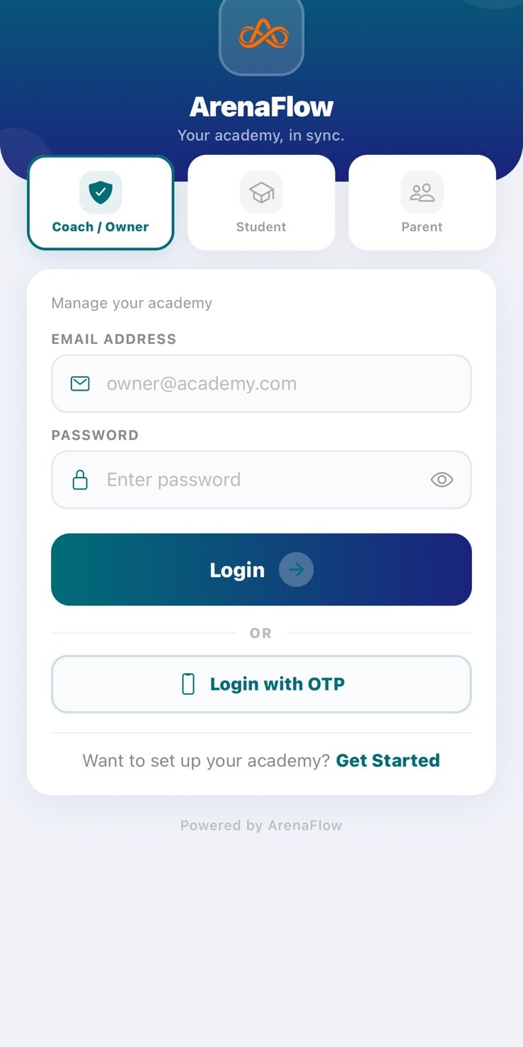 ArenaFlow login screen with Coach/Owner, Student and Parent role tabs