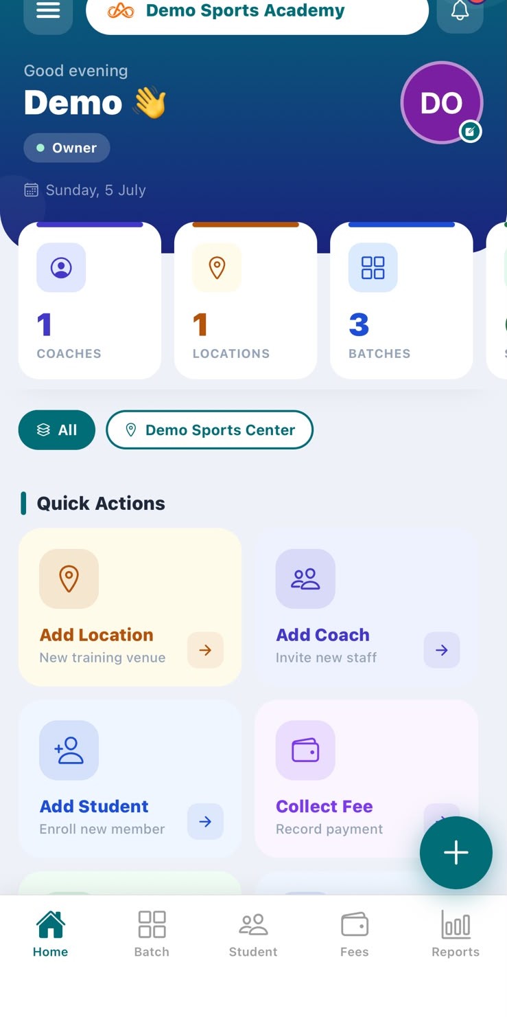 ArenaFlow owner view — dashboard with coaches, locations, batches and quick actions
