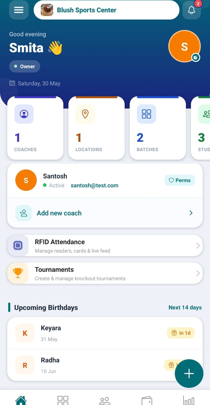 ArenaFlow owner dashboard on mobile — showing coaches, batches, RFID attendance, tournaments and upcoming birthdays
