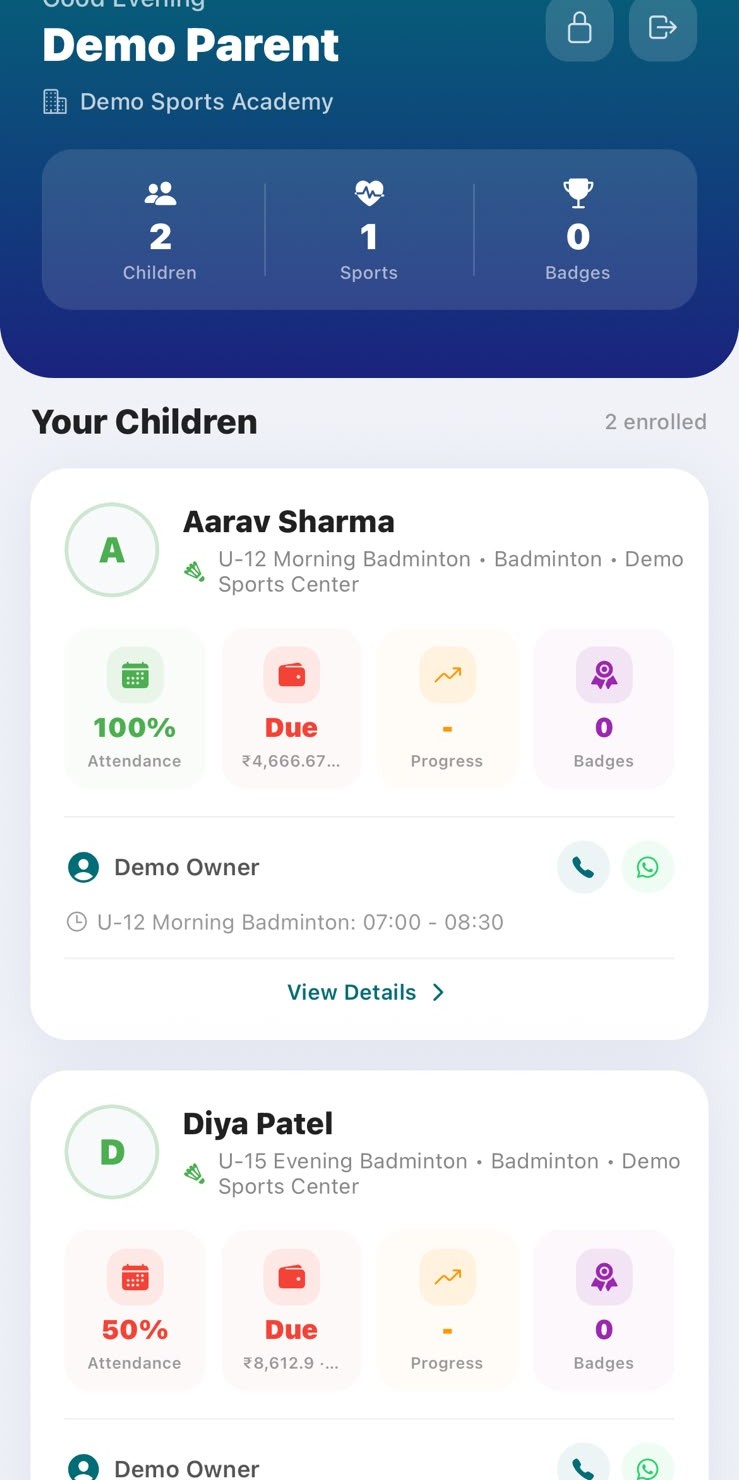 ArenaFlow parent view — children enrolled, attendance %, fees due, badges and coach contact