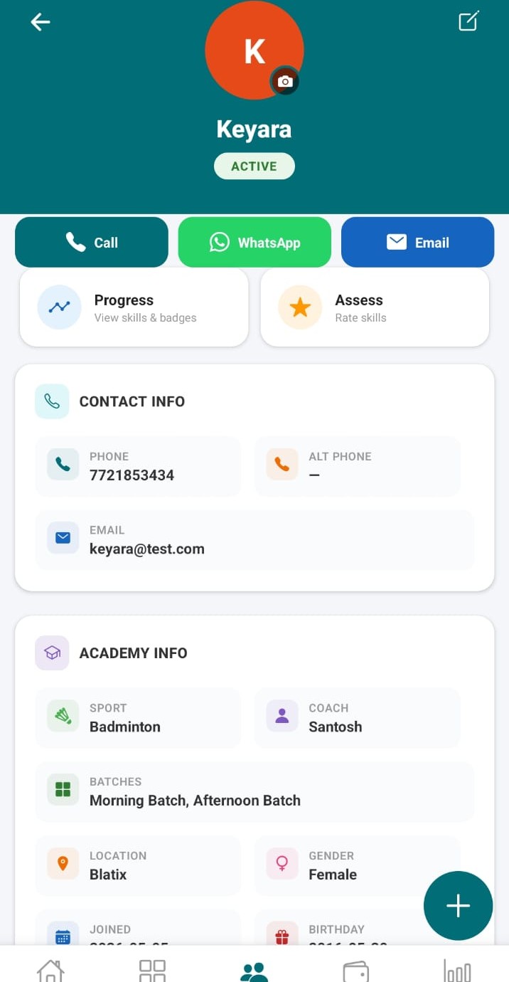 ArenaFlow student profile showing contact info, academy info, sport, coach, batches and location