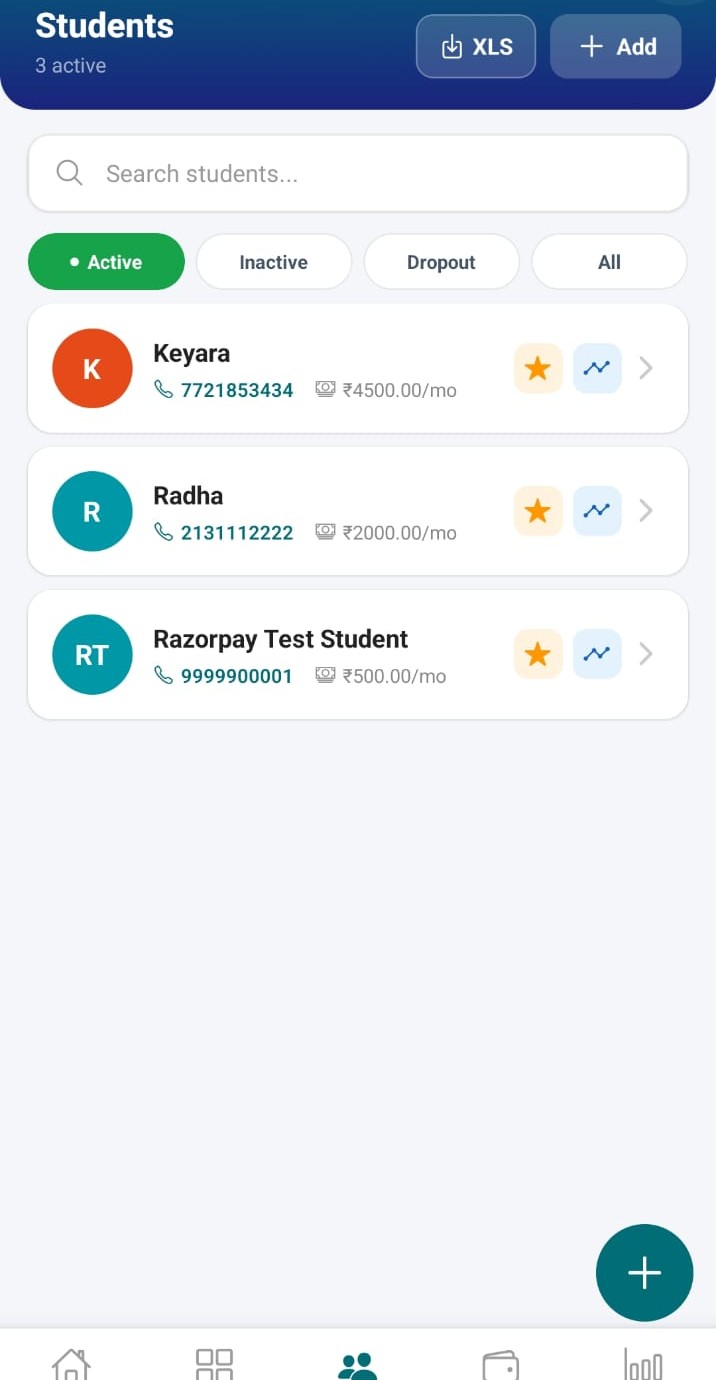 ArenaFlow students listing showing active students with contact info and monthly fees